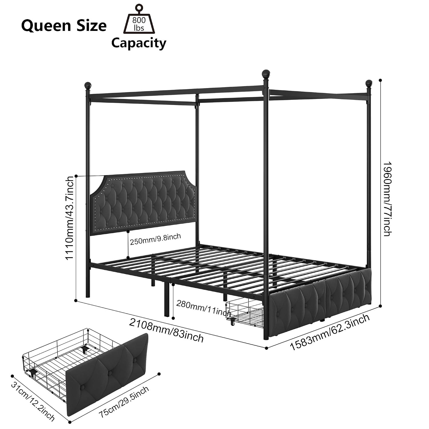 Canopy Bed Frame Metal Queen - Estrutura de cama com dossel e