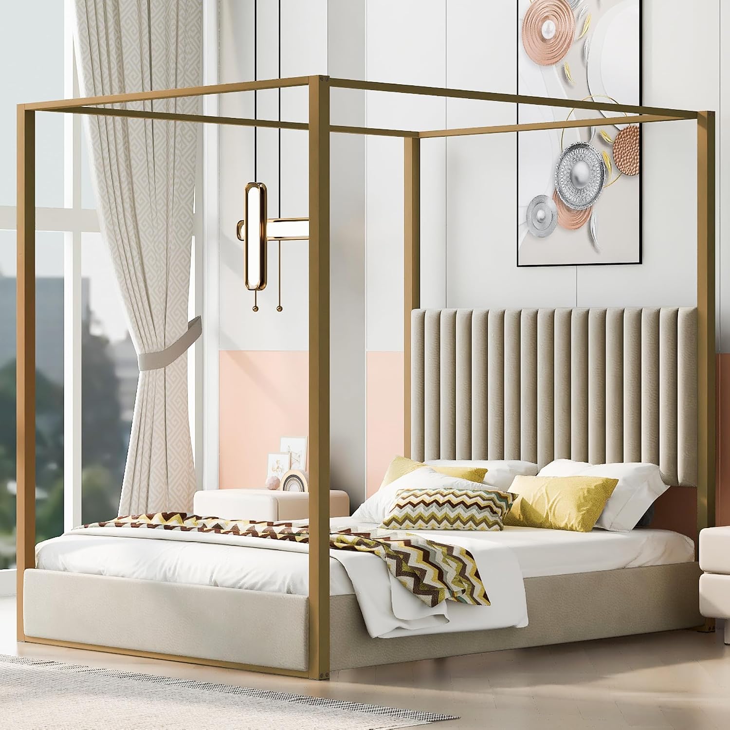 Canopy Bed Frame Metal Queen - Cama Plataforma Moderna com Dossel, Tamanho