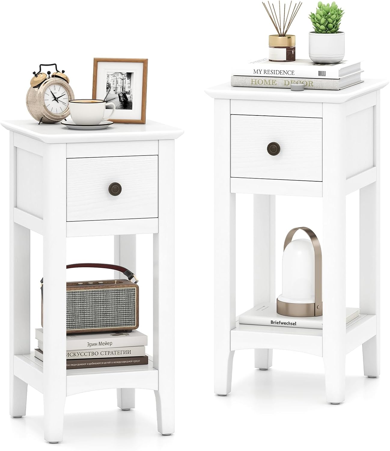 Solid Wood Nightstand 2 Drawers - Mesas Laterais Estreitas com Gaveta, Conjunto