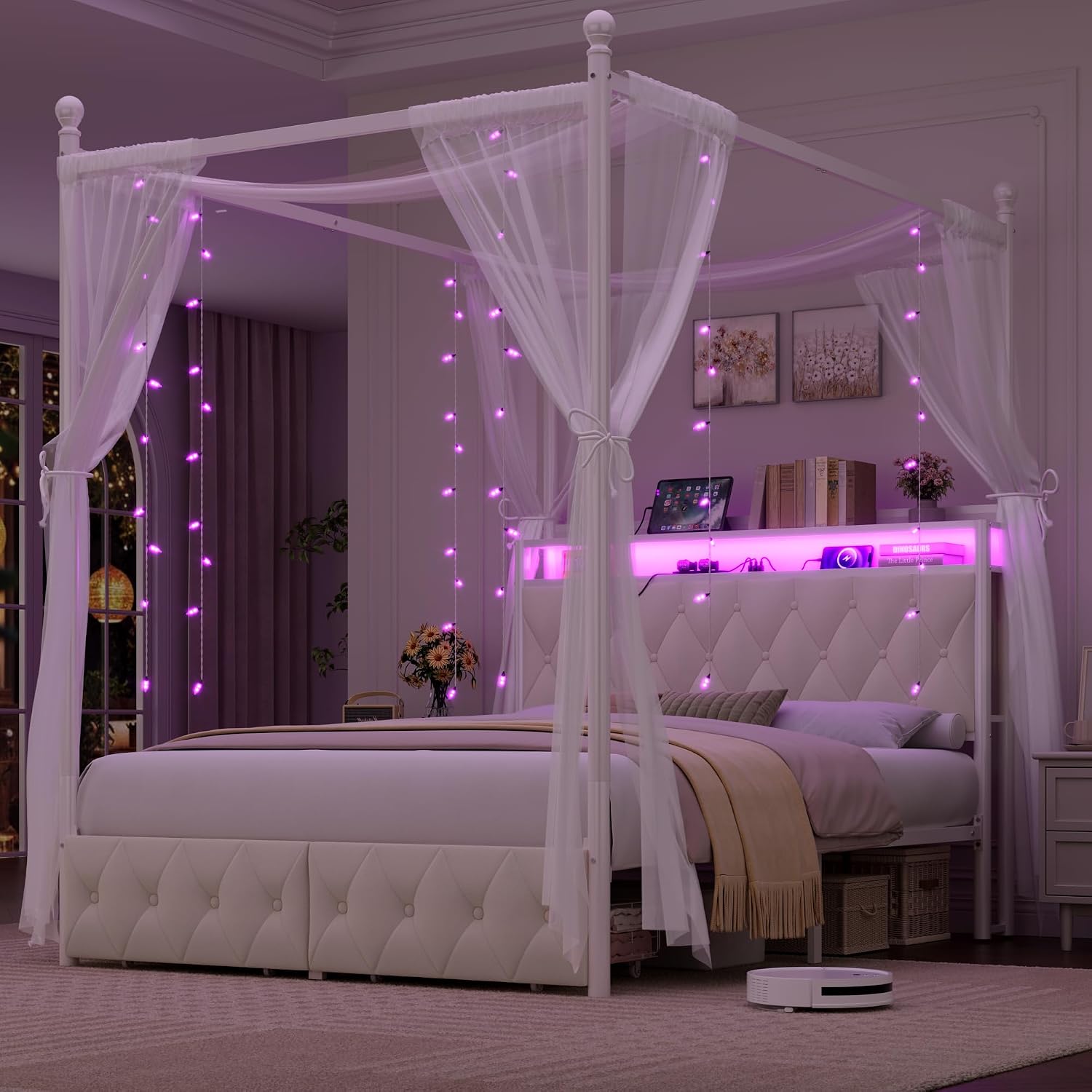 Cama com Dossel LED Tamanho Qu - Canopy Bed Frame Metal Queen avaliação e preço