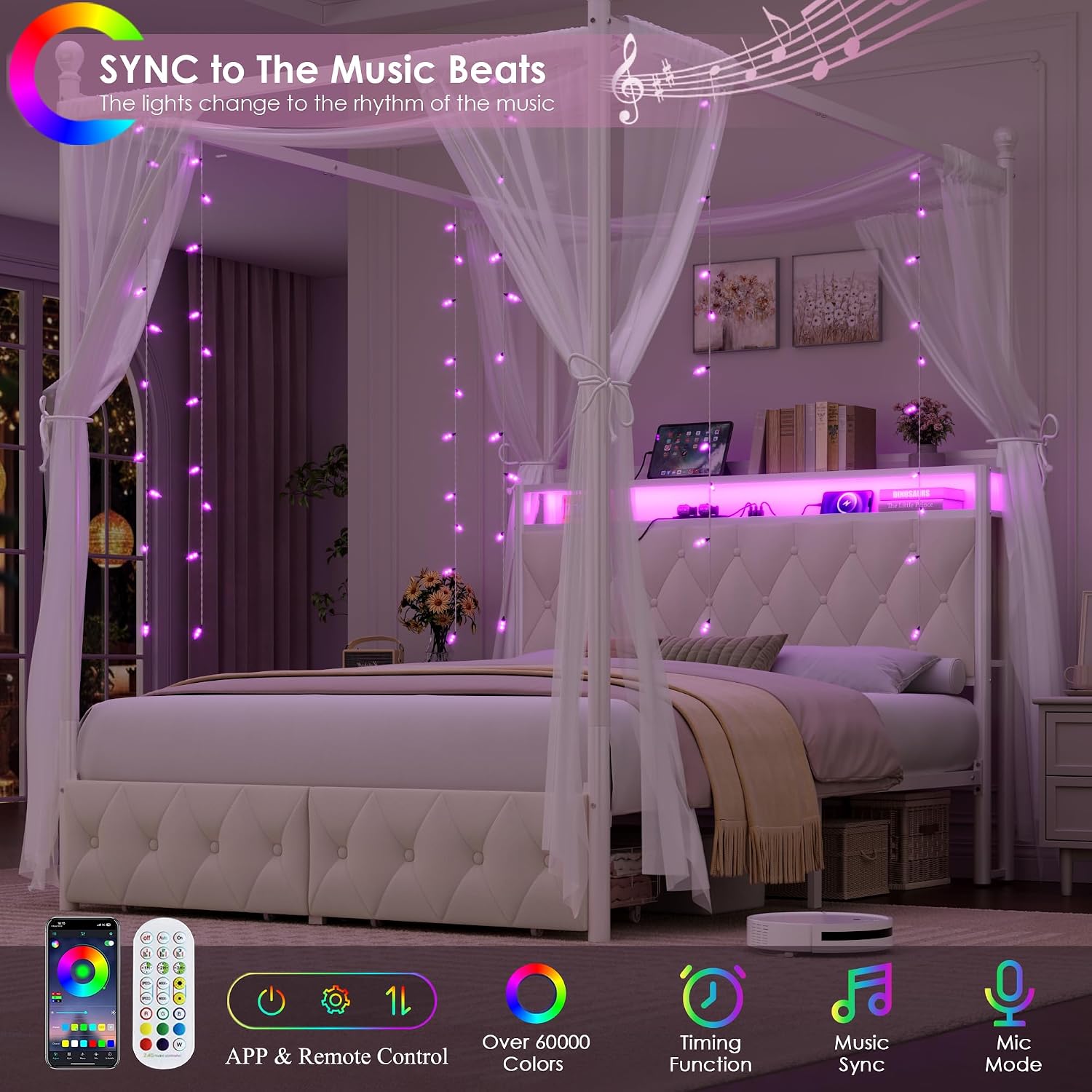 Cama com Dossel LED Tamanho Qu - Canopy Bed Frame Metal Queen avaliação e preço