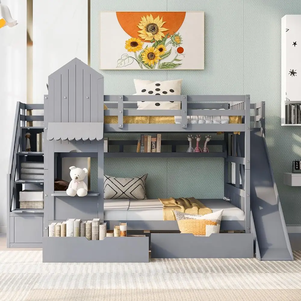 Cama Beliche de Tamanho Comple - Bunk Bed With Stairs And Slide avaliação e preço
