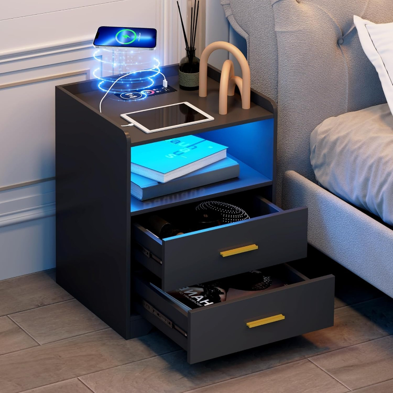 Mesa de cabeceira led preta co - Solid Wood Nightstand 2 Drawers avaliação e preço
