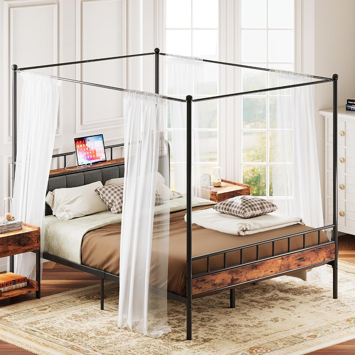 Cama Queen com Dossel, Estrutu - Canopy Bed Frame Metal Queen avaliação e preço