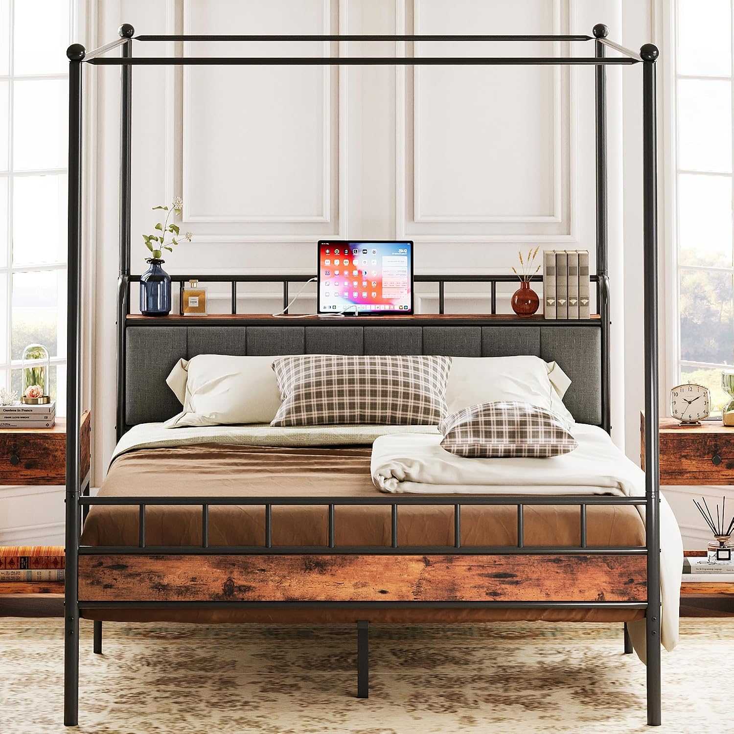 Cama Queen com Dossel, Estrutu - Canopy Bed Frame Metal Queen avaliação e preço