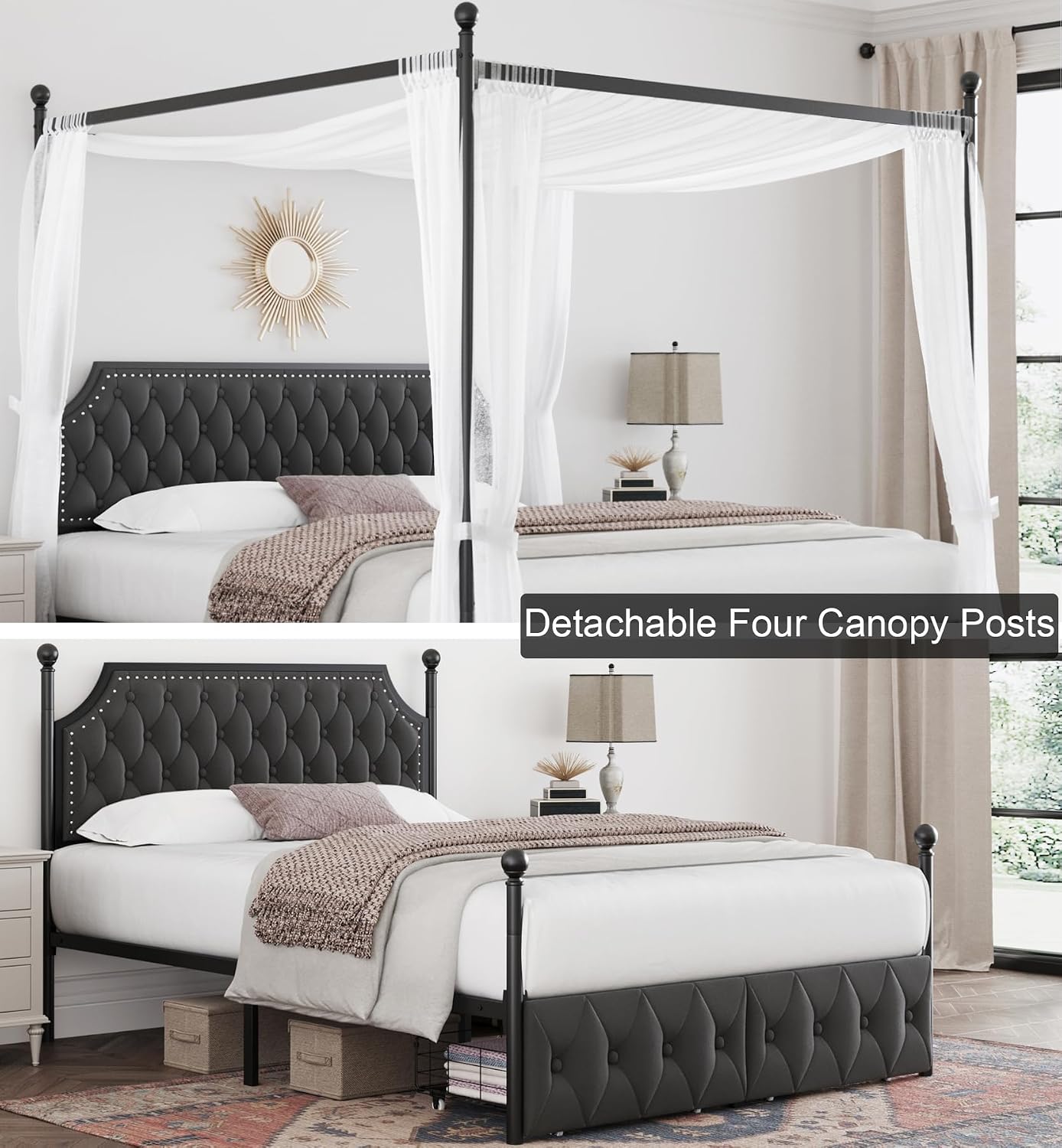 Cama Queen com Dossel, com Gav - Canopy Bed Frame Metal Queen avaliação e preço